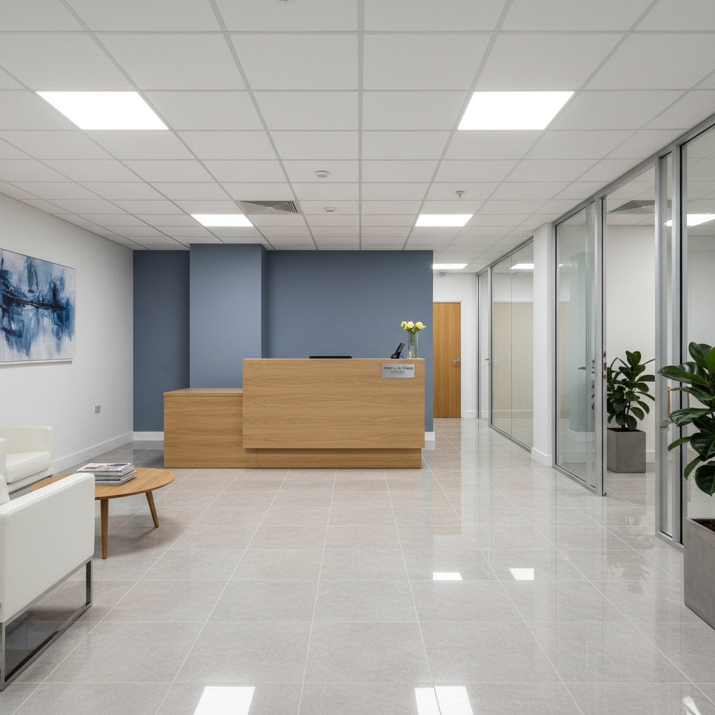 An immaculate, newly renovated UK office reception area with a minimalist, professional aesthetic. The space features a bespoke timber reception desk with a smooth, satin finish, set against a freshly painted feature wall in a sophisticated muted blue. Large-format porcelain tiles with a subtle stone texture cover the floor, reflecting soft, diffused overhead LED panel lighting. Along the side, a row of refurbished glass partition walls with brushed aluminium frames creates a clean, modern corridor. Shot from a wide-angle, eye-level perspective with sharp focus, the composition emphasizes symmetry and clean lines. The mood is calm and corporate yet welcoming, perfectly conveying high-standard commercial property refurbishment in a realistic photographic style, suitable for showcasing business premises upgrades.