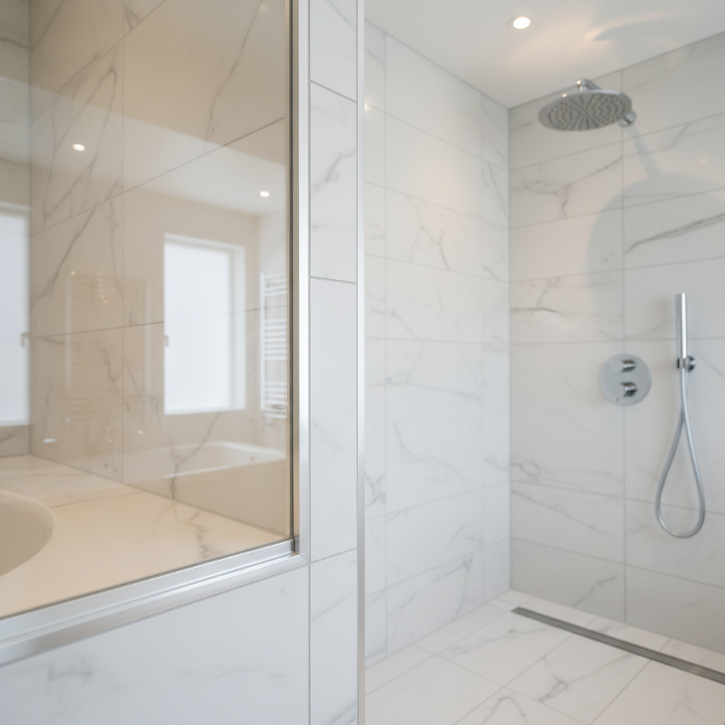 A detailed close-up of a high-end UK bathroom refurbishment, focusing on the corner of a walk-in shower. Large-format, marble-effect porcelain tiles are perfectly aligned, with ultra-thin grout lines and flawless silicone sealing. A frameless clear glass panel with polished edges meets a newly plastered and painted ceiling, both reflecting soft, diffused ceiling spotlighting. The chrome shower fittings and linear drain are spotless, catching subtle highlights without glare. Shot at a slight angle with shallow depth of field, the focus is on the precise junction where wall, floor, and glass meet, subtly blurring the rest of the bathroom. The mood is meticulous and luxurious, conveying attention to detail and craftsmanship in a clean, realistic photographic style ideal for a services or gallery section.