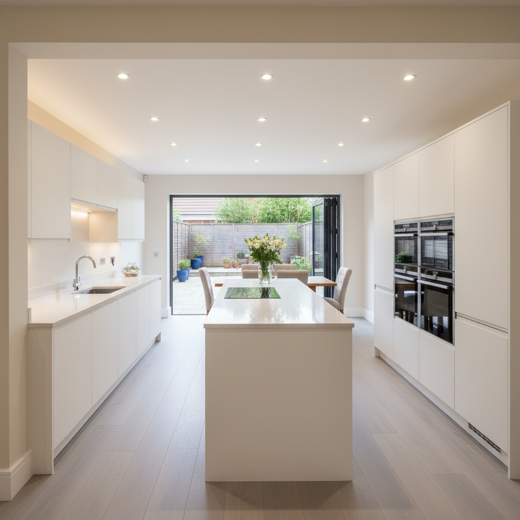 A bright, open-plan kitchen-diner in a refurbished UK family home, showcasing a complete renovation project. The kitchen features handleless white cabinets with a soft matte finish, a long island with a pale quartz worktop, and integrated appliances with stainless-steel detailing. Beyond, freshly plastered and painted walls frame newly installed bifold doors opening onto a neat patio, flooding the space with natural daylight. Recessed ceiling spotlights and discreet under-cabinet LEDs add balanced artificial lighting, creating a warm, inviting glow. Captured from a wide-angle, slightly elevated viewpoint, the composition uses leading lines of the cabinetry and flooring planks to draw the eye through the room. The atmosphere is modern, spacious, and practical, embodying professional residential refurbishment in a highly realistic photographic style.