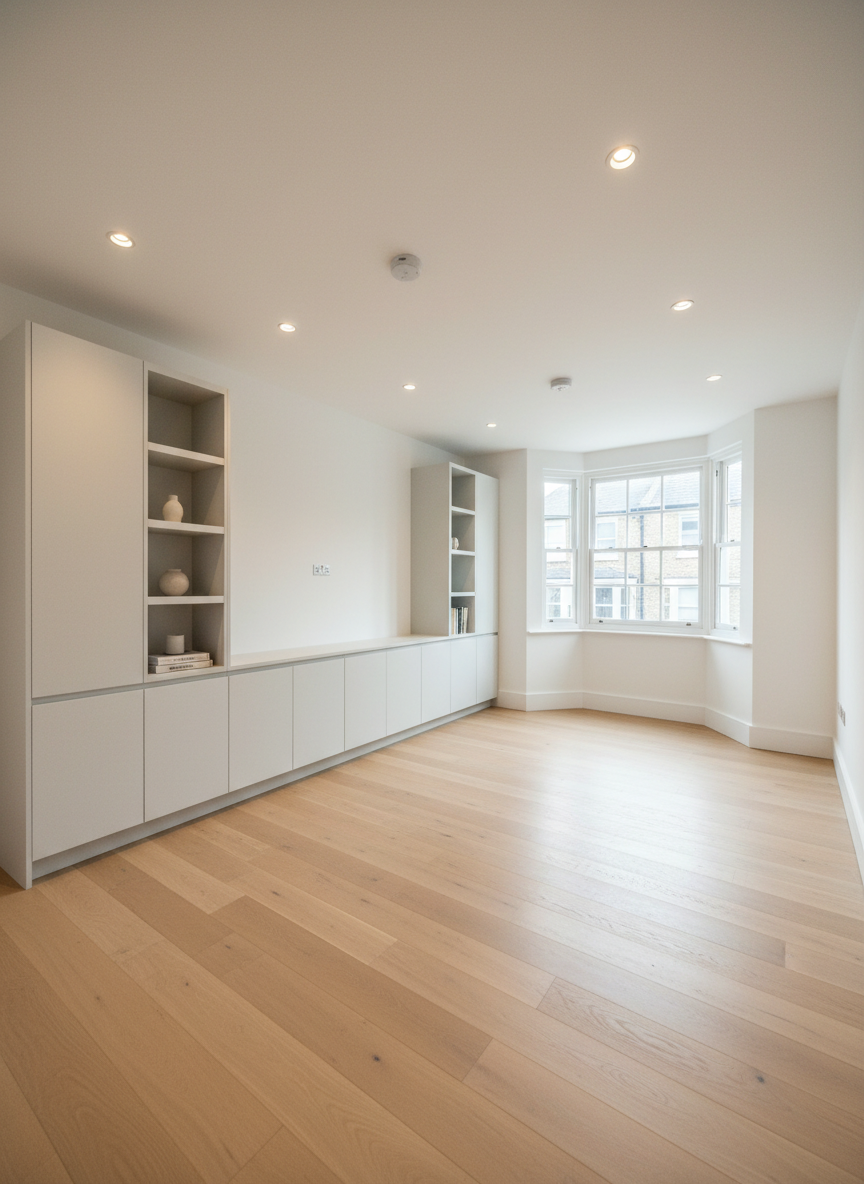 A fully refurbished contemporary living room in a UK townhouse, featuring smooth white walls, newly laid light oak flooring, and sleek built-in storage with soft-close cabinet fronts. A large, double-glazed bay window with pristine white frames lets in abundant natural daylight, illuminating the crisp architectural lines and flawless paintwork. Subtle recessed ceiling lights are evenly spaced, casting gentle, warm pools of light that highlight the workmanship. Shot at eye level with sharp focus throughout, the composition showcases the seamless junctions between skirting, walls, and flooring. The atmosphere feels professional, fresh, and move-in ready, conveying trust and quality craftsmanship in a photographic realism style, ideal for a property refurbishment homepage hero image.