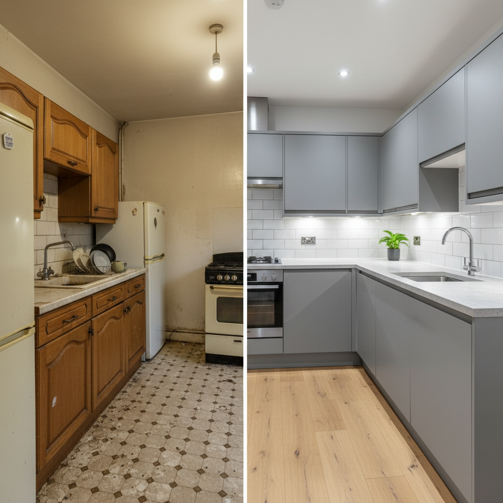 A split-view photographic scene of a UK terraced house interior, with the left half showing a dated, worn-out kitchen and the right half revealing the same space after a complete refurbishment. On the left, faded laminate cabinets, scuffed vinyl flooring, and dim lighting create a tired appearance. On the right, sleek matte-grey cabinets, stone-effect worktops, and a clean white backsplash gleam under bright, energy-efficient LED downlights. The dividing line between before and after is crisp but subtle, emphasizing transformation. Captured from a slightly elevated angle with consistent perspective, the image has balanced framing and clear, sharp details. The mood is optimistic and reassuring, underlining how expert renovation can dramatically improve functionality, aesthetics, and value while maintaining photographic realism.