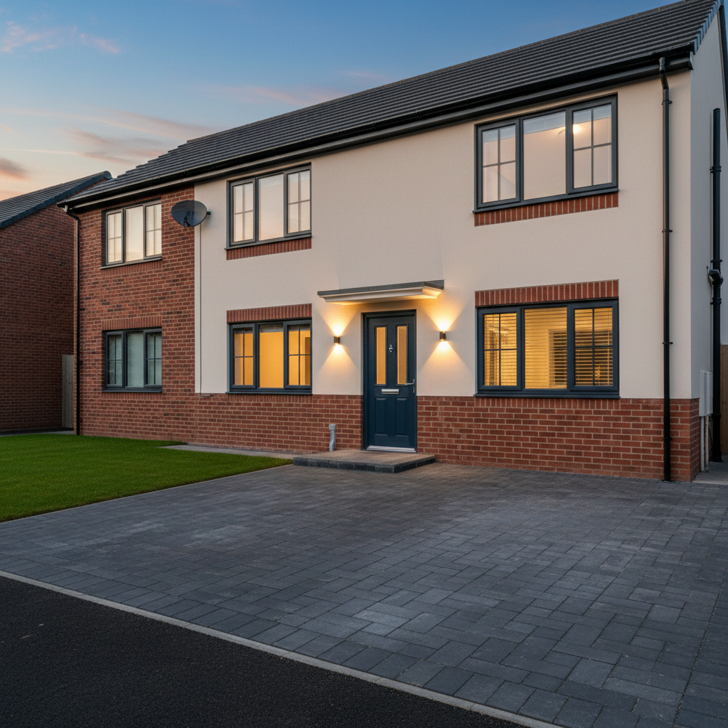 A modern, fully refurbished UK semi-detached house exterior captured at dusk, highlighting both maintenance and renovation quality. The façade features fresh cream render, neatly repointed brickwork, and newly installed energy-efficient windows with dark grey frames. A tidy block-paved driveway and carefully edged front lawn lead up to a solid composite front door with a subtle woodgrain texture. Warm exterior wall lights beside the entrance create a soft glow, casting clean shadows that emphasize the crisp edges of the render and the precision of the finishing. Shot from a low, three-quarter angle to show roofline repairs and guttering, the composition has a balanced, professional look. The atmosphere feels secure, welcoming, and aspirational, demonstrating comprehensive property refurbishment in a photographic realism style.